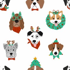 Cute cartoon Christmas dogs - vector prin in flat style. Holidays pet in Christmas hat. Seamless pattern