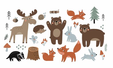Fototapeta premium Cute Cartoon forest animals - vector set. Bear, deer, fox, hare, snail, tree, Badger, squirrel, hedgehog - in flat style. Woodland