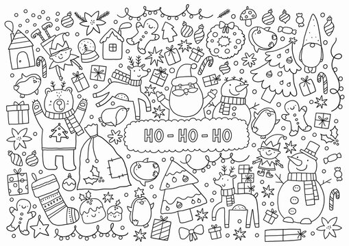 Christmas Big coloring page  in doodle style. 