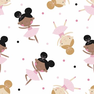 Cute little ballerina - vector seamless pattern in flat style. Cute little ballerina in  pointe shoes. The princess girl is dancing - ballet for the nursery