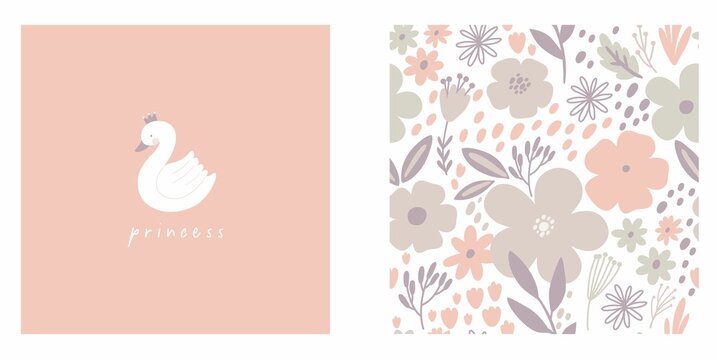 Cute hand drawn Swan and Flowers - vector print. Seamless pattern with cartoon swan, flowers, leaf 