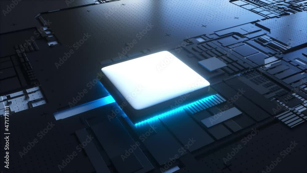 Poster digital circuit with 3d render boards and integrated microprocessor contacts. computational semicond