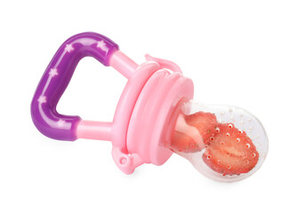 Nibbler with fresh strawberry on white background. Baby feeder