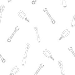 Pattern of flat key ratchet and pliers, just a wrench classic shape. Linear design. On a white background. Tools for any specialist. Flat vector illustration.