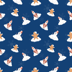snow covered Santa Claus, Gingerbread man, snowflake seamless repeat pattern for packaging, textile, gift cover, background for Christmas design project.