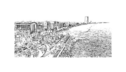 Building view with landmark of Limassol is the 
city in Cyprus. Hand drawn sketch illustration in vector.