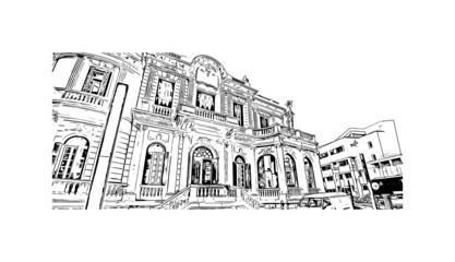 Building view with landmark of Limassol is the 
city in Cyprus. Hand drawn sketch illustration in vector.