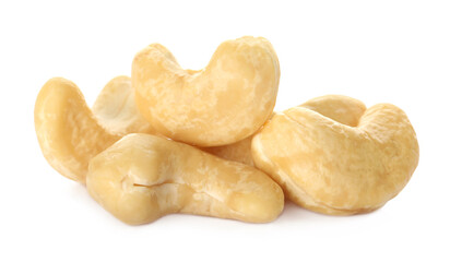 Pile of tasty organic cashew nuts isolated on white
