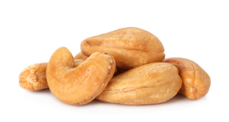 Pile of tasty organic cashew nuts isolated on white