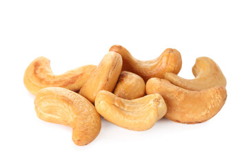 Pile of tasty organic cashew nuts isolated on white