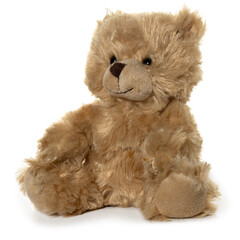 Handmade brown teddy bear on white background. Full depth of field.