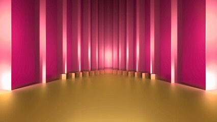 light pink and Golden podium and golden curtain with gold light on the stage 3D rendering