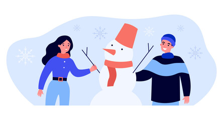 Fototapeta premium Cartoon couple building snowman. Man and woman spending time outdoor and playing with snow flat vector illustration. Activity in wintertime concept for banner, website design or landing web page