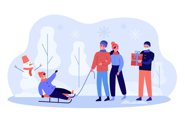 Couple sledding child with grandfather who holding gift box. Family spending time outdoor together flat vector illustration. Wintertime, Christmas concept for banner, website design, landing web page