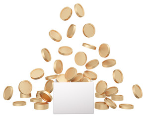 3D Rendering of money coins falling into a box isolated on white background concept of donation, money jar, savings.  3D Render illustration.