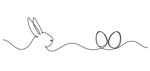 Easter bunny continuous one line drawing. Rabbit with eggs simple image. Minimalist vector illustration.