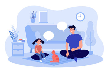 Father speaking with daughter sitting on floor in cozy living room. Parent and child playing with cat flat vector illustration. Family relationship concept for banner, website design, landing web page