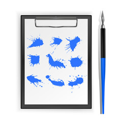 Ink Splat Set and blue calligraphic ink pen, vector illustration