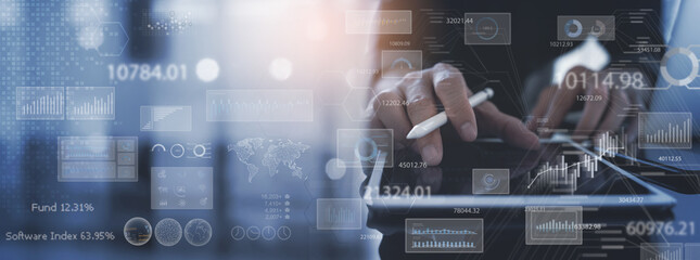 Data analysis, Business intelligence (BI), business analytics (BA). Businessman working on laptop with financial graph and market report.