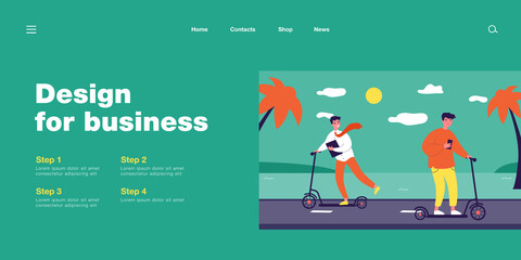 Young people riding scooters flat vector illustration. Office worker wearing tie and teenager with bright hair using scooter as vehicle at seaside. Youth, transport, resort, age, modernity concept © Bro Vector