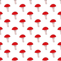 fly agaric mushroom seamless pattern hand drawn. vector, minimalism, scandinavian, trendy colors 2022, red. poisonous, textiles, wallpaper, wrapping paper, background.