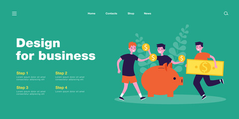 Naklejka premium Children putting coins and banknotes into piggybank. Cartoon boys saving money in moneybox flat vector illustration. Finances, economy, education concept for banner, website design or landing page