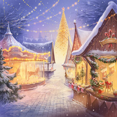Christmas New Year illustration of a decorated winter town, Christmas market.