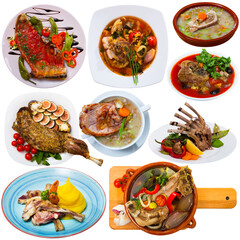 Collage of different plates of mutton meat on white background