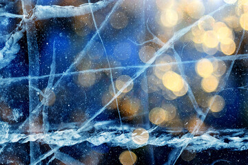 Naklejka na ściany i meble ice texture cracks baikal, abstract background winter ice transparent blue