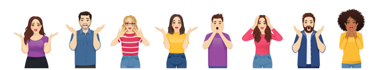 Surprised shocked yong people with different gestures and open mouth isolated vector illustration