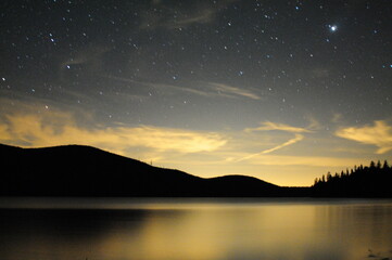 Night sky with hills and lake reflection