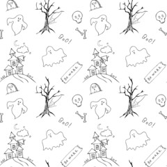 Halloween seamless pattern design. Background with cute black outline Halloween party illustrations: ghosts, magic objects, haunted house, tree, skull.