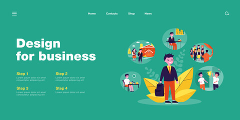 Obraz premium Happy boy and daily routine. Kid having breakfast, going to school, singing, winning prize flat vector illustration. Childhood, daily activity concept for banner, website design or landing web page