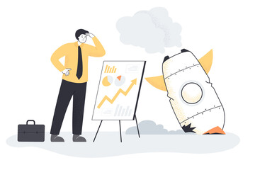 Bankrupt with problem of business plan or startup failure. Poor unsuccessful man looking at broken rocket crash flat vector illustration. Bad business strategy and innovation, bankruptcy concept
