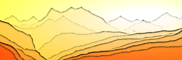 Sunrise in the mountains, panoramic view, vector illustration. Fantasy on the theme of the morning landscape.