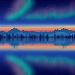 Aurora borealis reflected in the sea, winter holiday illustration