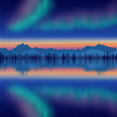 Aurora borealis reflected in the sea, winter holiday illustration