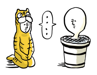 年賀状素材　座るトラの着ぐるみを着た人物と餅