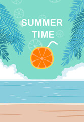Fototapeta na wymiar Summertime freshness. Cut orange fruit and beach. Vector illustration. Abstract concept comparing orange fruit to the sun