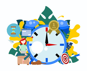 Time management concept. Young generation focus on time management to achieve goals. Flat design vector illustration