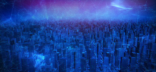 Fototapeta na wymiar network and Connection technology concept with city background at night. Modern city with network connection and city scape concept. 