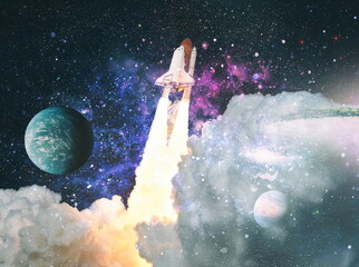 Spacecraft flies into space with clouds of smoke. Elements of this image furnished by NASA
