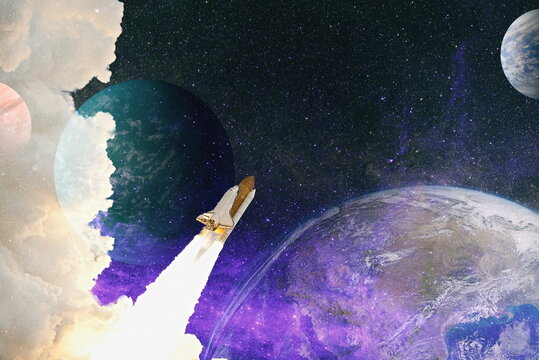 Rockets launch into space on the starry sky. spacecraft flies into space with clouds of smoke. Elements of this image furnished by NASA