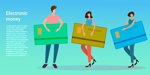 Electronic money.People on the background of a large credit card.The concept of fast money transfers.Poster in business style.Flat vector illustration.