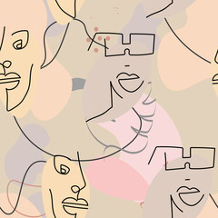 One line drawing. Abstract face seamless pattern.