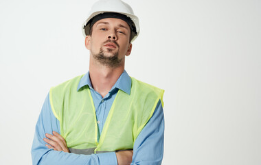 male builder reflective vest emotions professional isolated background