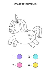 Color cute cartoon unicorn by numbers. Worksheet for kids.