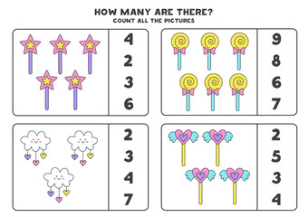 Counting game with cute colorful pictures. Educational worksheet.