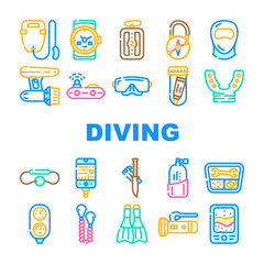 Diving Equipment And Accessories Icons Set Vector. Gps Beacon And Life Buoy, Flippers And Facial Mask For Dicing, Diver Knife, Mouthpiece And Oxygen Cylinder Line. Color Illustrations