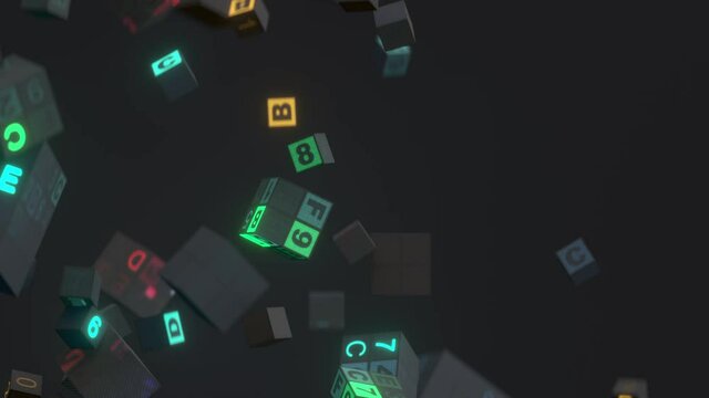 Cubes with machine code float in mid air. Deep learning algorithm concept. 3D render animation